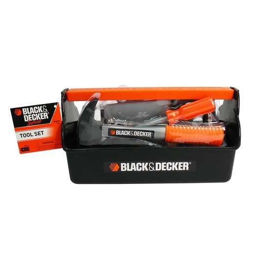 Black and decker junior tool box with 14 pieces in plastic packaging.