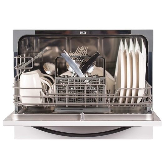 6 place setting compact countertop dishwasher with crockery.