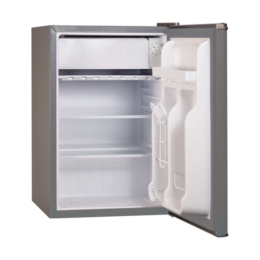 Profile of 2 and 5 tenths Cubic Foot Energy Star Refrigerator with Freezer having door opened.