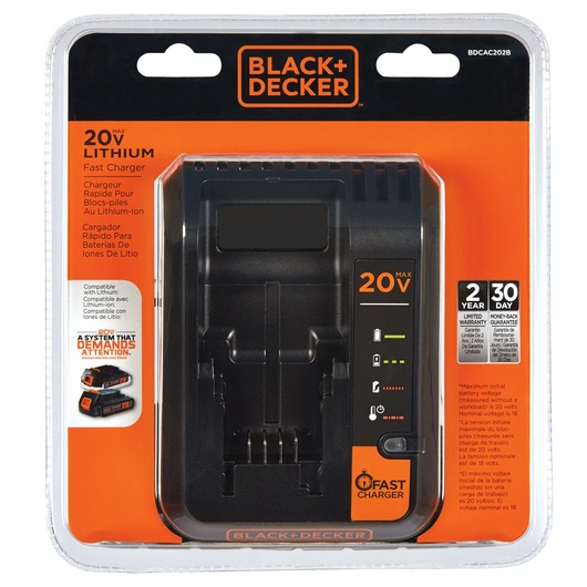 Black and decker 12 to 20 volt lithium fast charger in plastic packaging.