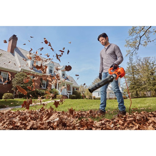 9 ampere electric leaf blower being used to blow leaves.