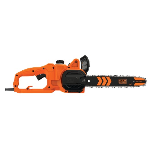 Profile of 8 ampere 14 inch electric chainsaw.