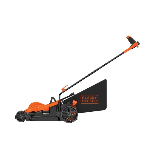 Side profile of 12 Ampere 17 inch electric lawn mower with comfort grip handle.