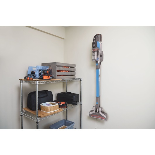 Self standing design with wall mount feature of POWER SERIES Extreme Cordless Stick Vacuum Cleaner.