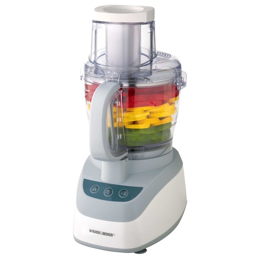 Profile of 10 Cup Food Processor containing vegetables.