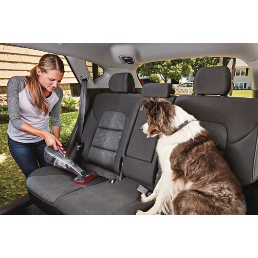 Dustbuster QuickClean Car Cordless Hand Vacuum With Motorized Upholstery Brush being used by person to clean dog hair from the backseat of car.