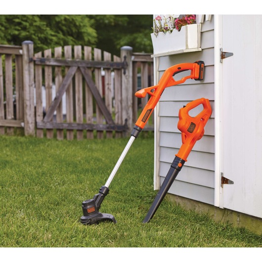 Profile of 20 volt MAX Lithium 10 Inch String Trimmer / Edger and Hard Surface Sweeper Combo Kit.