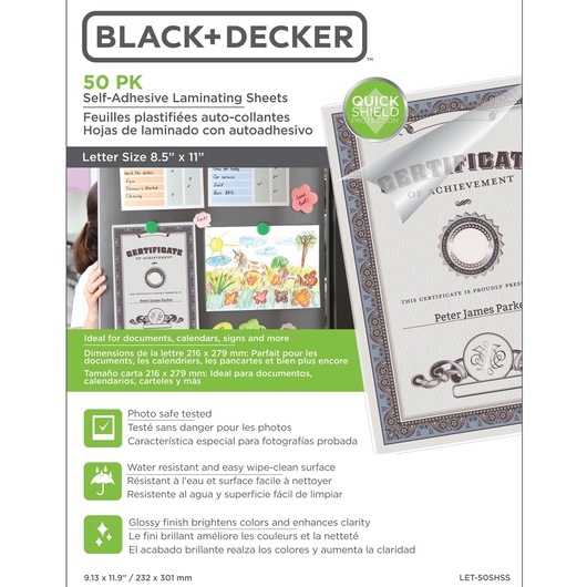 BLACK+DECKER™ QuickShield™ Self-Adhesive Laminating Sheets, Letter, 3 mil, 50 Pack