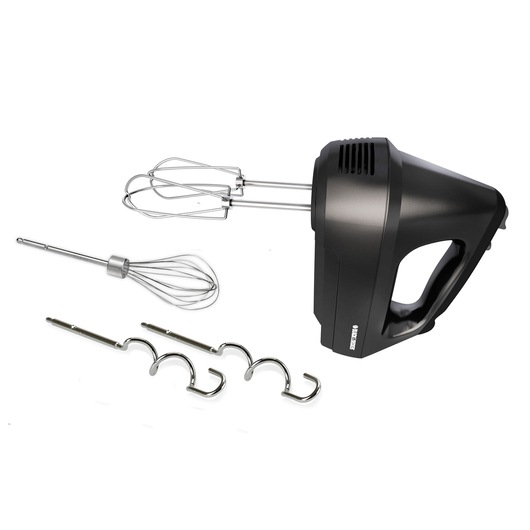 Easy storage hand mixer with wire beaters, whisk, and dough hooks.