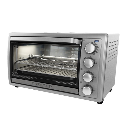 Profile of 6 slice stainless steel convection toaster oven with rotisserie.