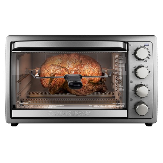 6 Slice stainless steel convection toaster oven with rotisserie.