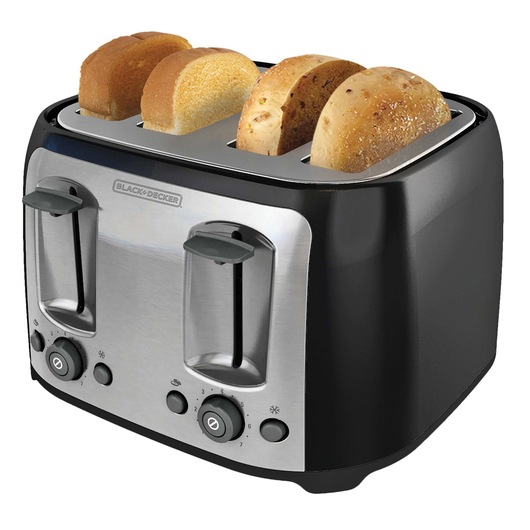 Profile of 4 Slice Toaster with bread protruding out from all four slots.
