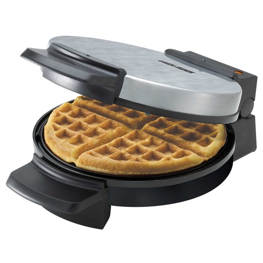 Profile of Belgian Waffle Maker with Non Stick Plates containing freshly made waffle.